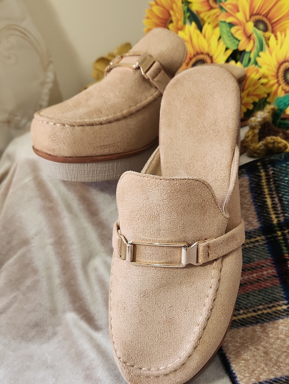 Women’s Beige Suede Slip-On Mules with Gold Accent (US SIze 10)